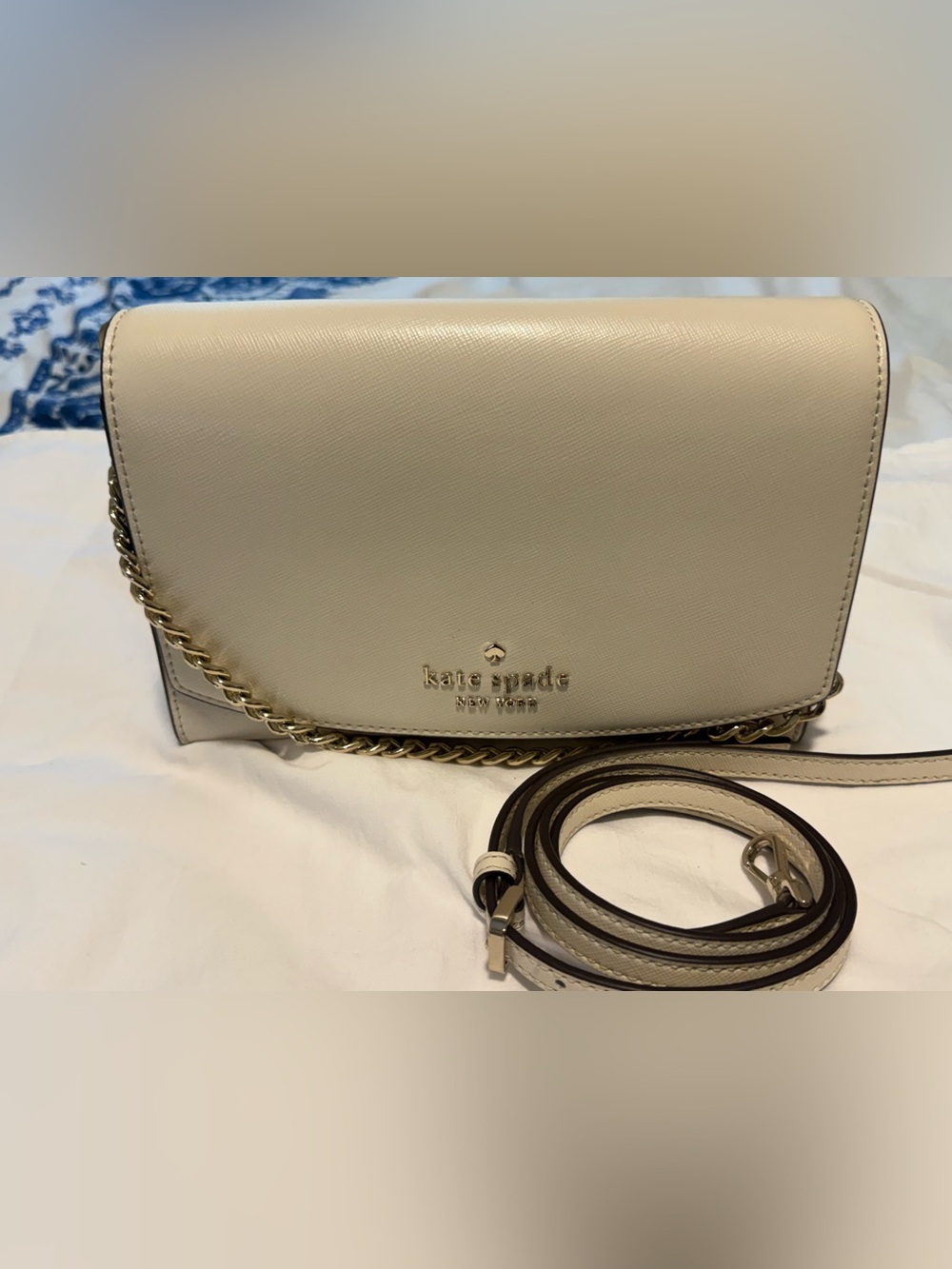 kate spade cream leather crossbody with gold chain
